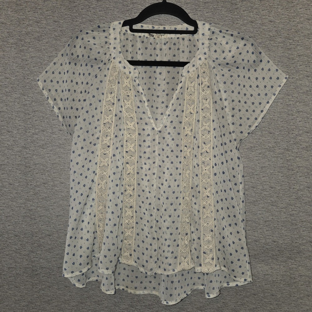 About a Girl Sheer Floral Blouse Women's Medium Split Neck Crochet Lace Trim